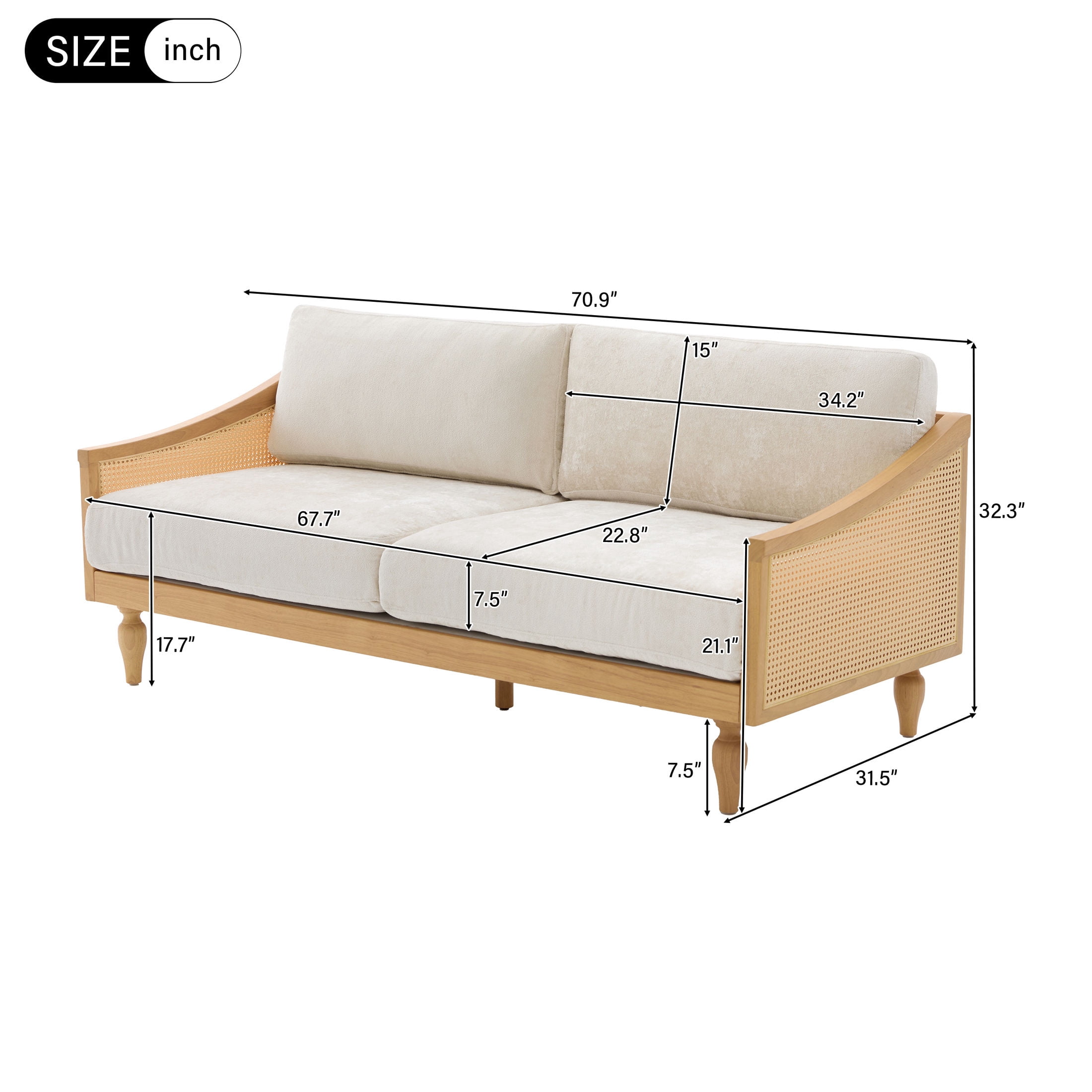Christopher Knight Home Mid-Century 70.9" 3-Seater Sofa with Rattan Armrests, Wooden Frame, Natural