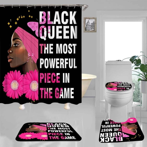 Juego de 4 cortinas de ducha para niña negra, bailarina inspiradora, mariposa naranja y azul, mujer negra, decoración de baño afroamericana, cortina de ducha de tela impermeable rosa, alfombrilla de