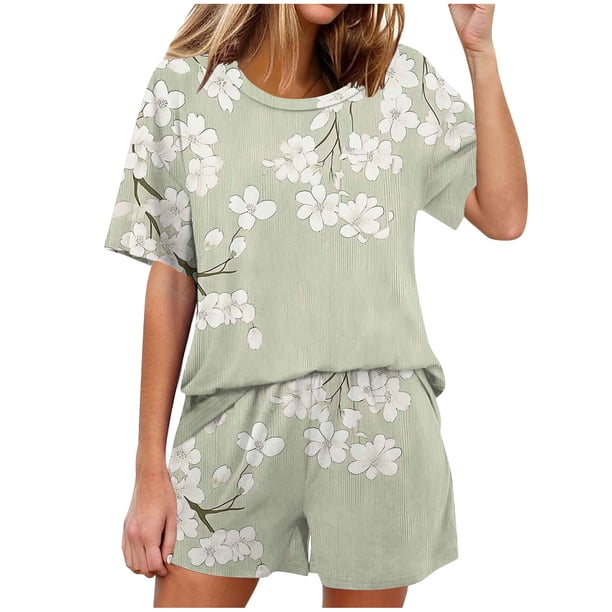 Conjunto de Pijama de las Mujeres de Moda Casual Color Sólido Casa Manga Corta Cuello Redondo Superior Y Pantalones, Ropa de Salón