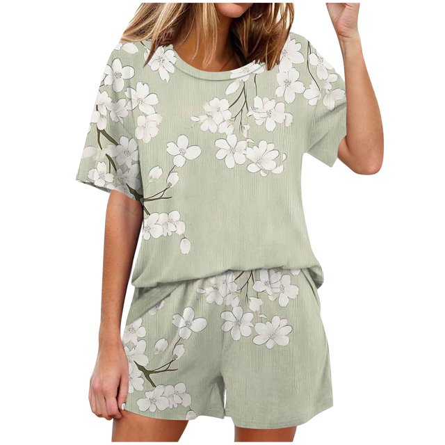 Conjunto de Pijama de las Mujeres de Moda Casual Color Sólido Casa Manga Corta Cuello Redondo Superior Y Pantalones, Ropa de Salón