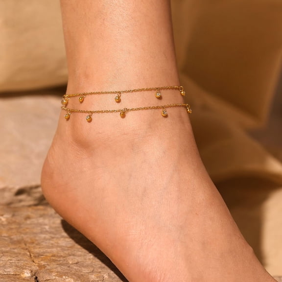 Female Tiny Crystal Chain Anklet 14K Yellow Gold Link Chain Barefoot Sandals Bracelet Ankle on The Leg Foot Jewelry Accessories