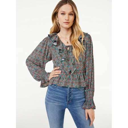 Scoop Women's Long Sleeve Ruffle Blouse