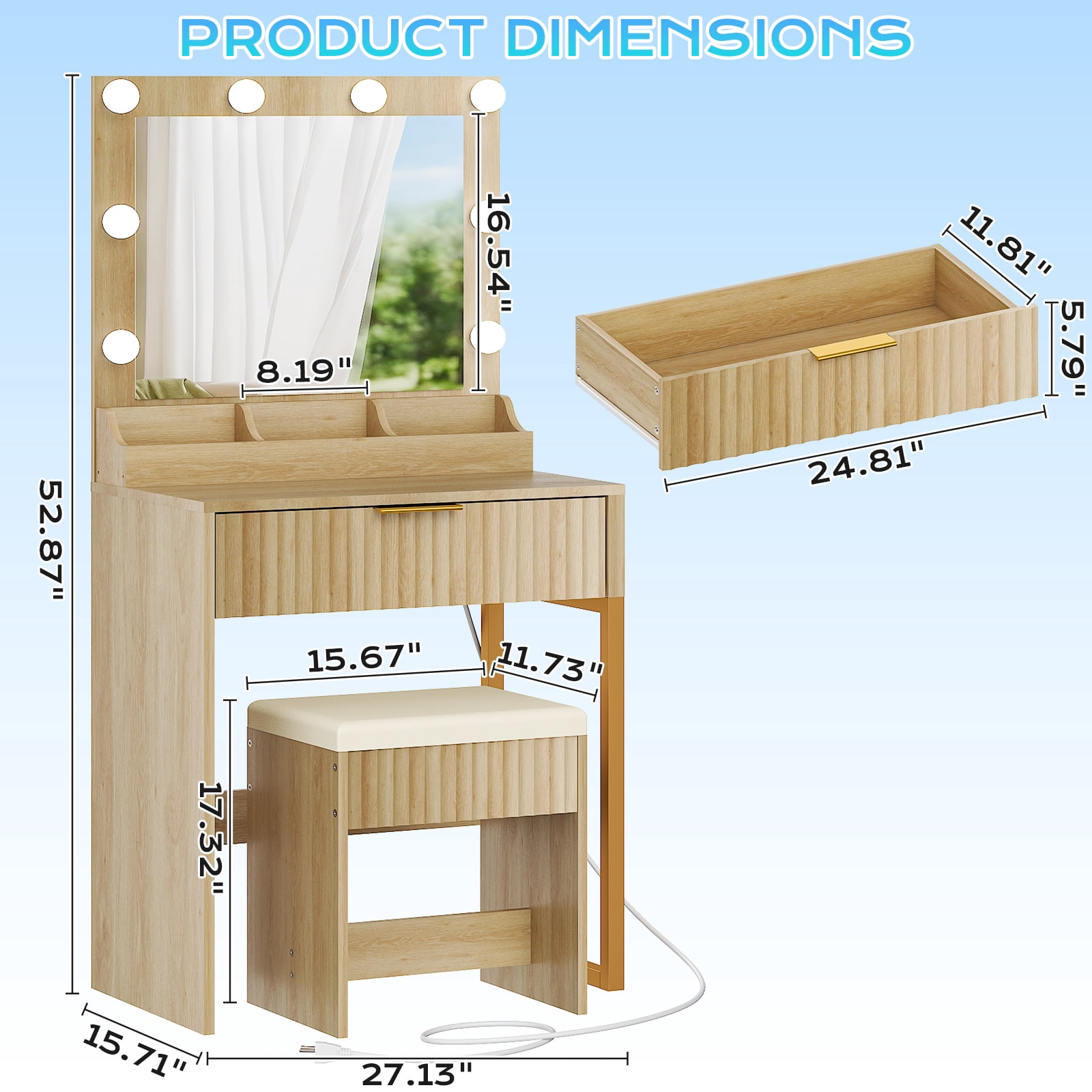 Dressing Table Set with 1 Drawer, 3 Storage Compartments, 8 Tri-Color Light Bulbs, Grille-Finished, Power Strip, Particleboard, Oak, 27.13 x 15.71 x 52.87 in