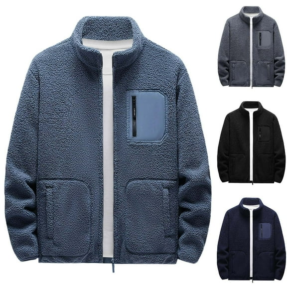 safuny Men's Fleece Lined Jacket Full Zip Thermal Coat Fall Winter Relaxed Lightweight Outwear Fashion Coat with Pockets Black L