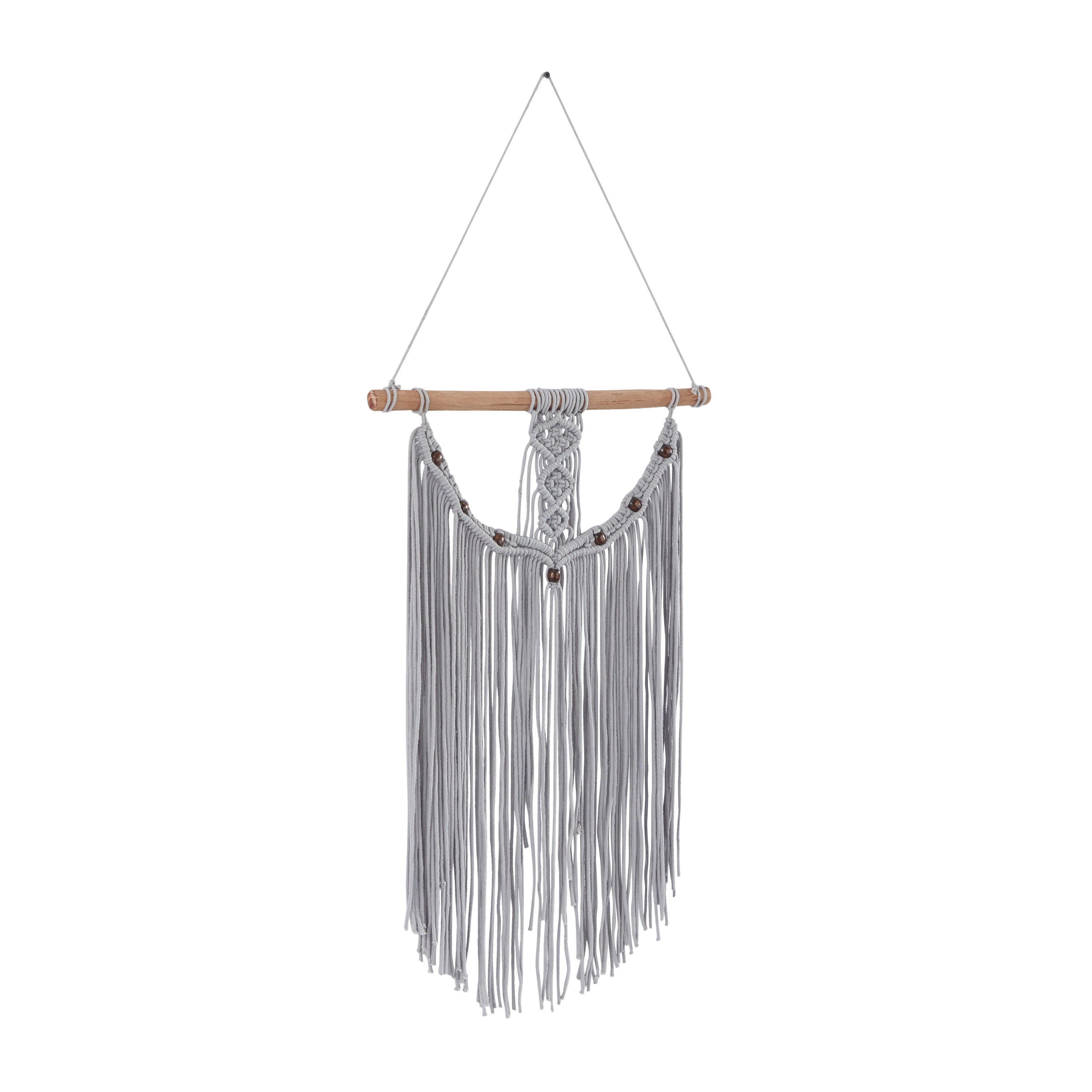 DecMode Gray Cotton Intricately Weaved Macrame Wall Decor with Beaded Fringe Tassels