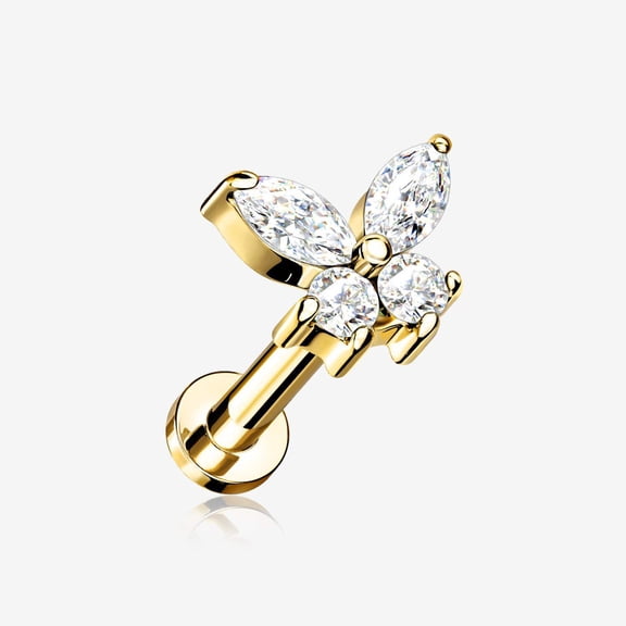 Golden Butterfly Sparkle Prong Set Top Internally Threaded Steel Flat Back Stud Labret