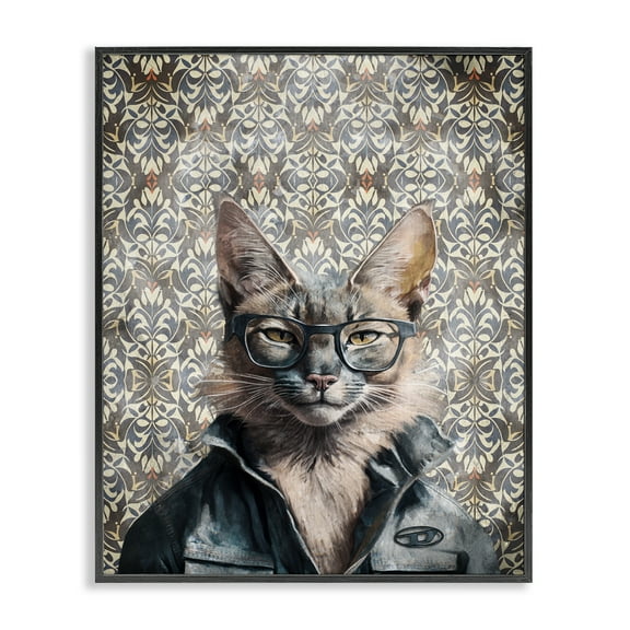 Stupell Industries Wild Cat on Damask Animals Painting Black Framed Art Print Wall Art, 11 x 14