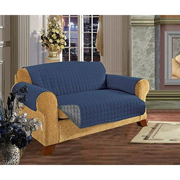 Reversible Couch Slipcover Furniture Protector Loveseat Size, Navy Blue/Gray