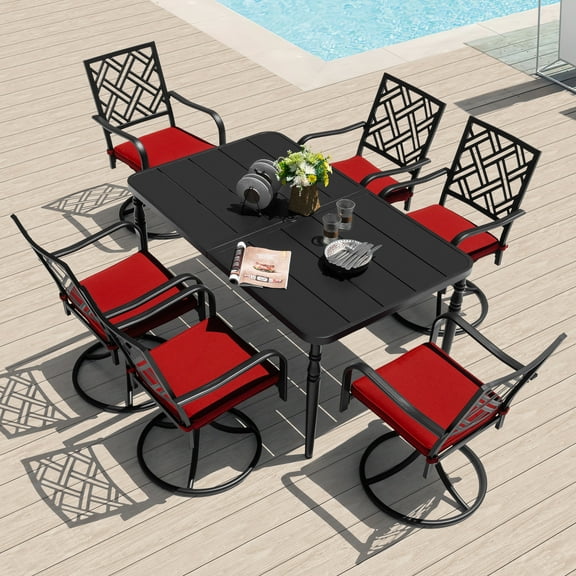 Nuu Garden 7-Piece Patio Dining Set for 6, 61'' x 37'' Rectangle Table with Umbrella Hole and 6 Swivel Chairs with Red Cushions, Powder-Coated Metal Frame Outdoor Table and Chairs Set, Black and Red