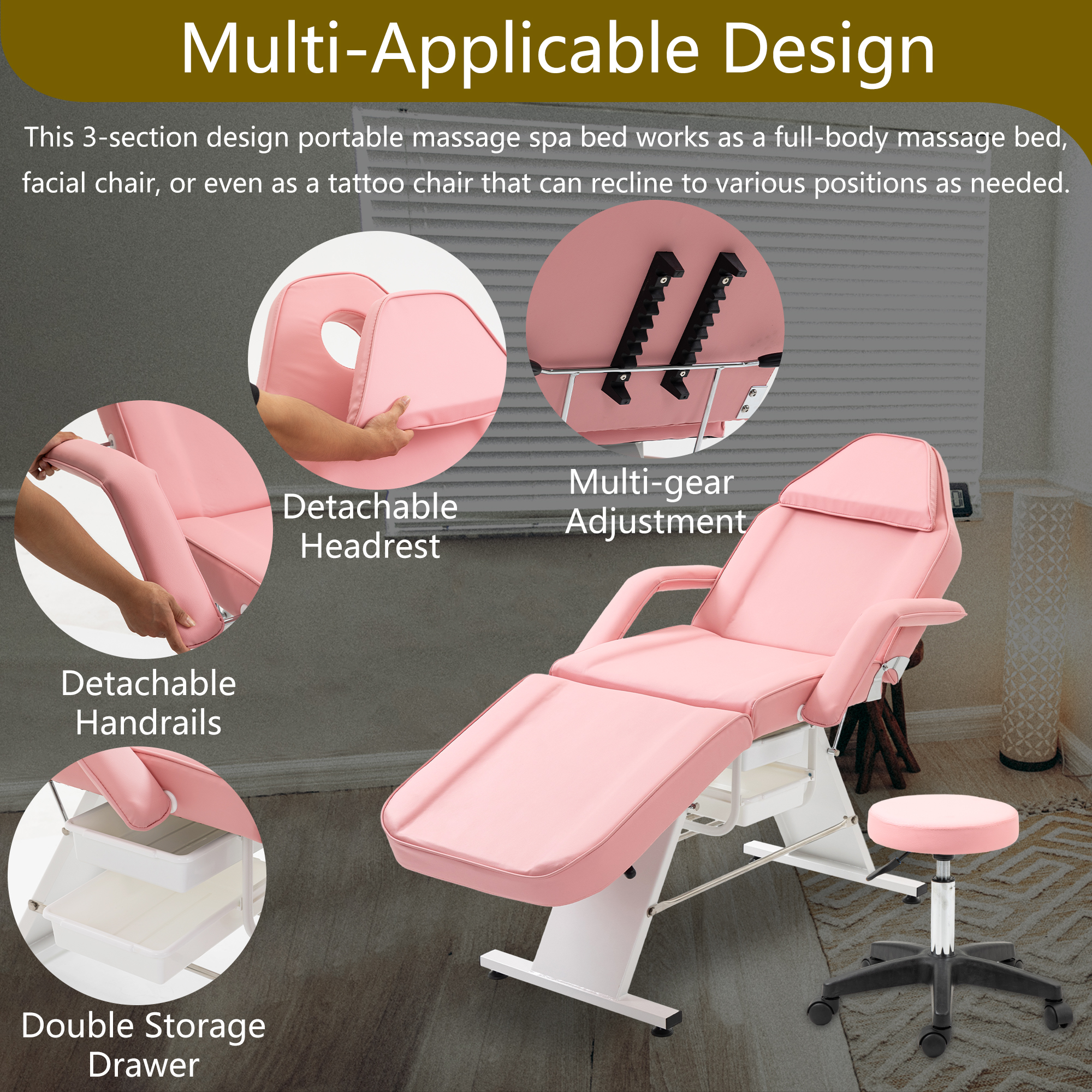 Miniyam 72.7" x 24.4" x 27.6" 3-in-1 Massage Bed & Tattoo Chair – 2 Trays, Hydraulic Stool, Adjustable 3 Sections – for Facial, Beauty, Barber – Pink