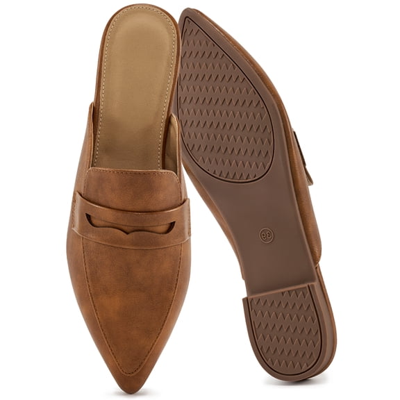 Ecetana Women's Pointed Toe Mules PU Leather Backless Loafer Flats Casual Slip On Shoes