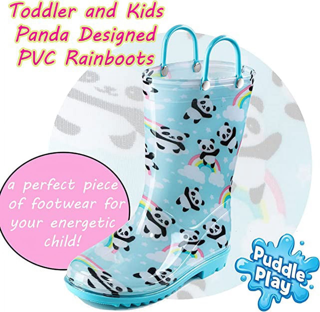Puddle Play Waterproof Aqua Panda PVC Rain Boots Easy-On Handles - Size 4 Toddler - Blue