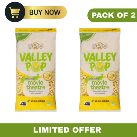 Valley Popcorn Premium Movie Theater Popcorn with Sea Salt, Freshly Popped, 8 oz Bags, Pack of 2
