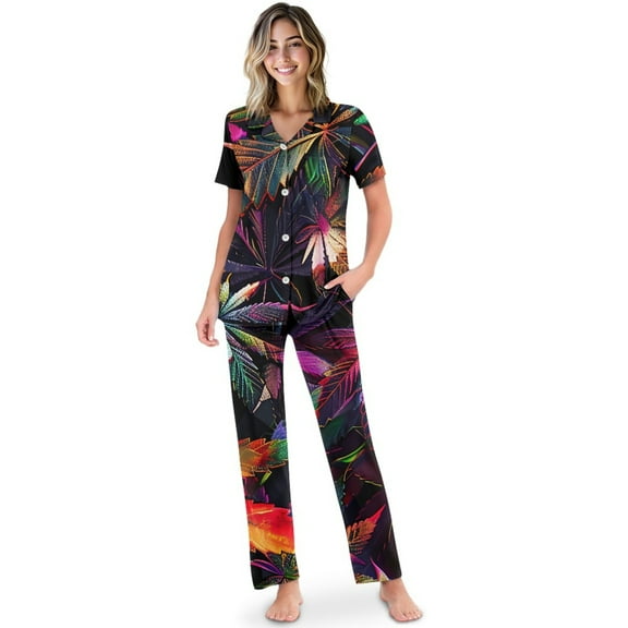 TSOVTHRID Tropical Leaves Print Pajama Set for Women Notch Collar Soft Loungewear With Elastic Waist Long Pants Women Nightwear Set, Size S