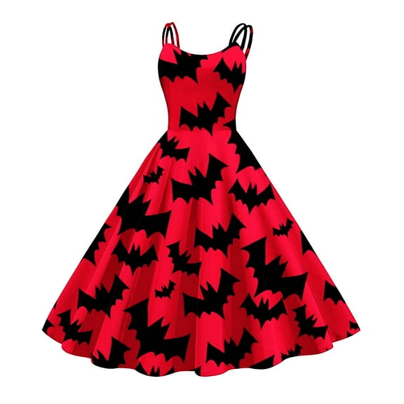 DQRPSEETB Women's Halloween Printed Vintage Dresses Suitable Sleeveless Knee Length Retro A Line Flared Swing Formal Prom Party Dress for Woman