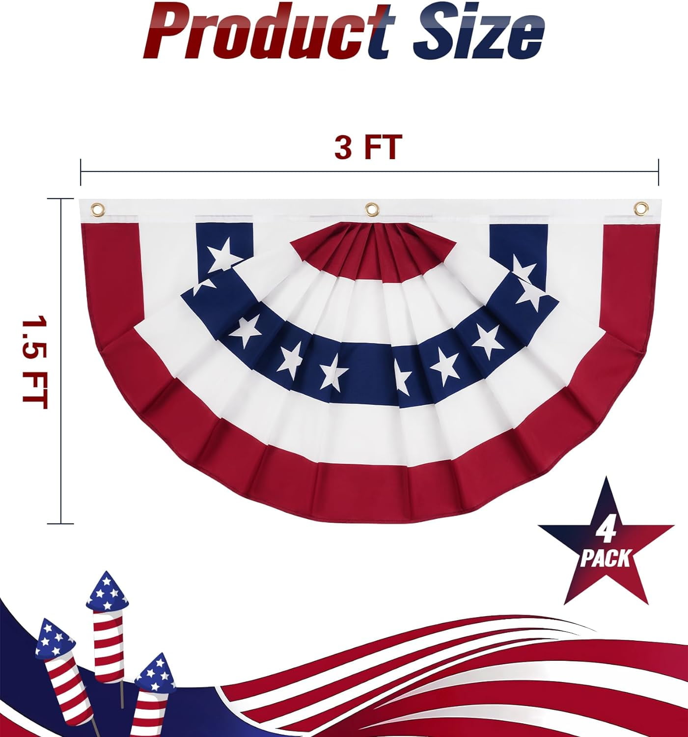 1.5x3 Ft American Flag Bunting Flags Outdoor, 6 Pack Patriotic Bunting Outdoor Red White and Blue Bunting, USA Pleated Fan Flag Half Fan Banner for Outside Home 4th of July Decorations