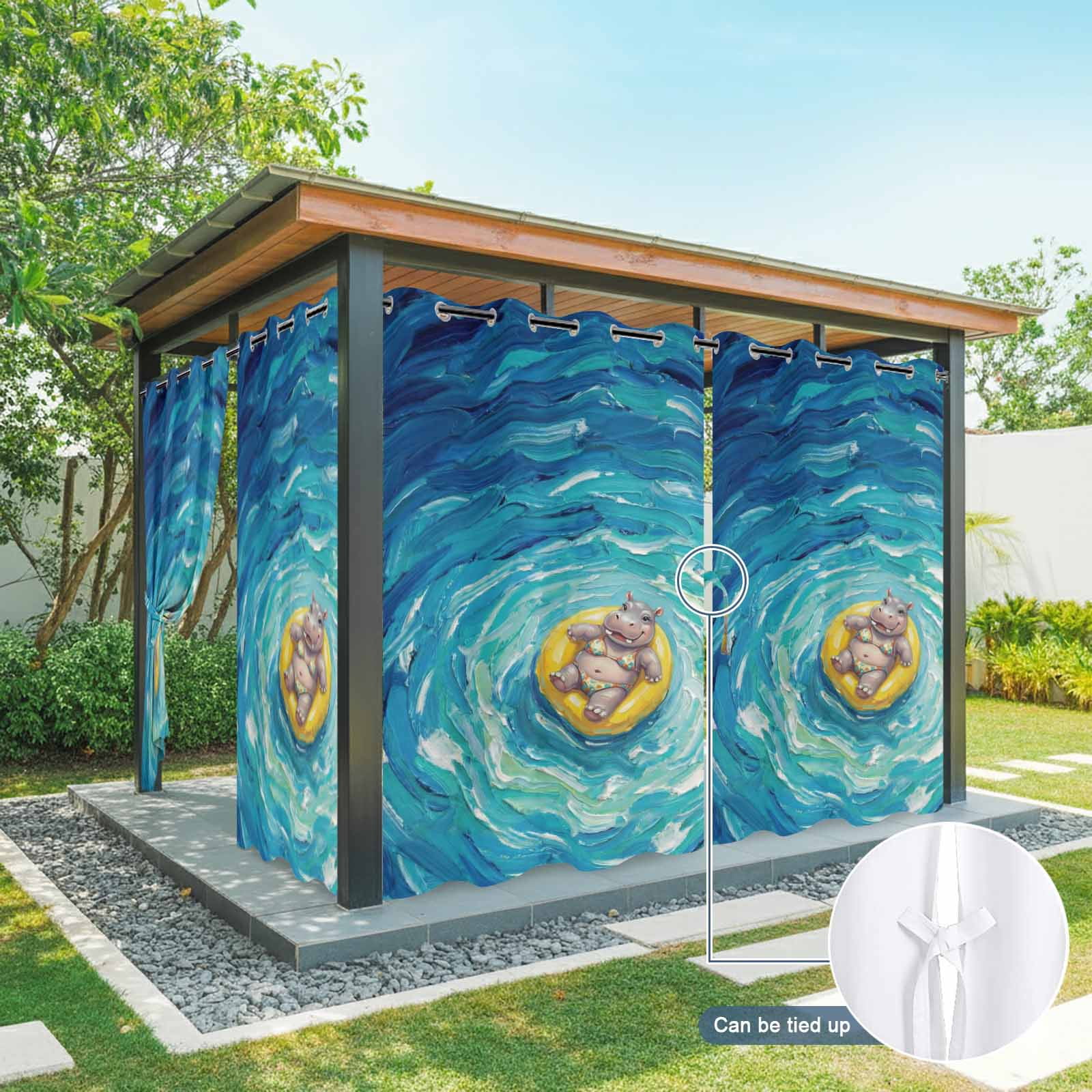 Funny Art Outdoor Curtains for Patio, Summer Hippocampus Swimming Blue Sea View Oil Painting Sunshade Privacy Drapes Grommet Waterproof Outside Curtains for Porch/Cabana/Balcony 54"x 108", 1 Panel