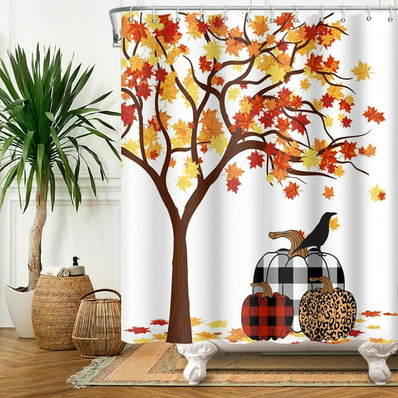 Thanksgiving Pumpkin Shower Curtain, Autumn Leaves with Pumpkins Farmhouse Bath Curtain, Washable Fabric Bathroom Decor with Hooks 64X47in 