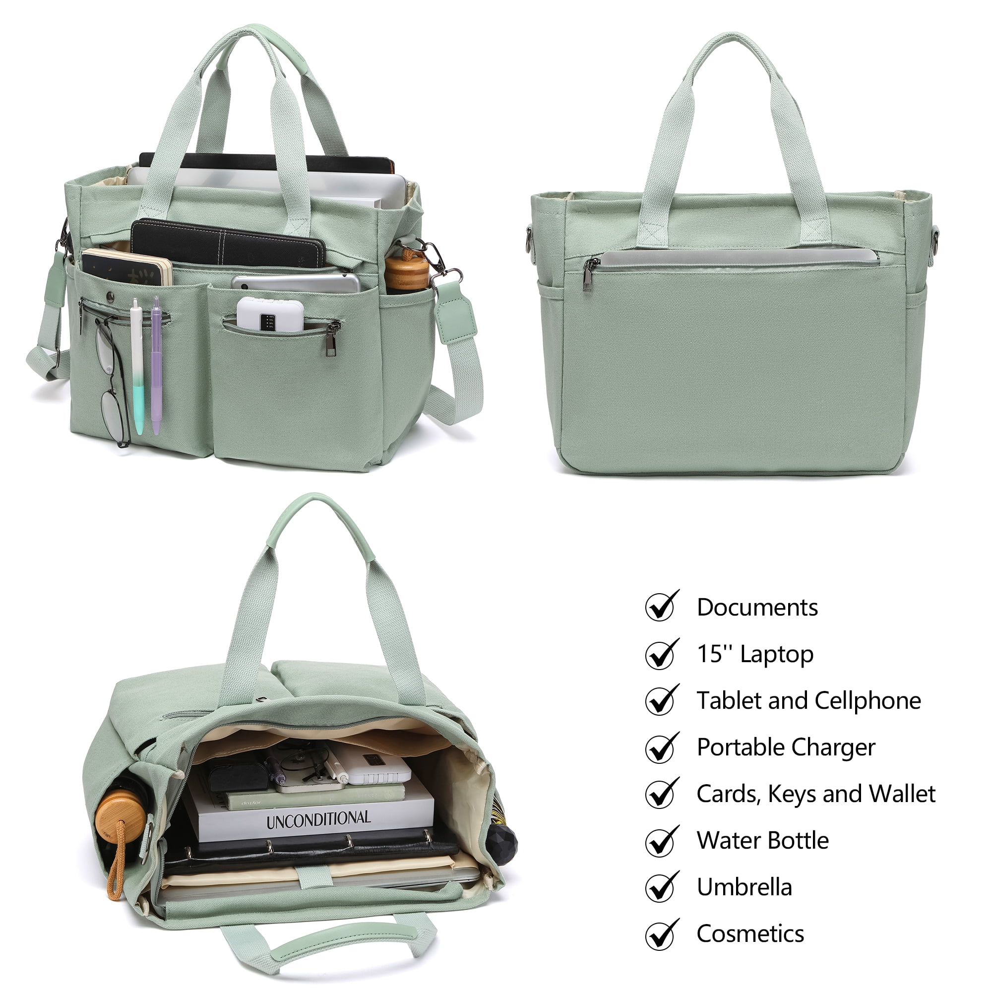 2pcs/set Women'S Large Canvas Tote Bag - Multi-Pocket Laptop Work Bag, Crossbody Shoulder Hobo Messenger Handbag, Purse for Travel, Gym, and Everyday Use