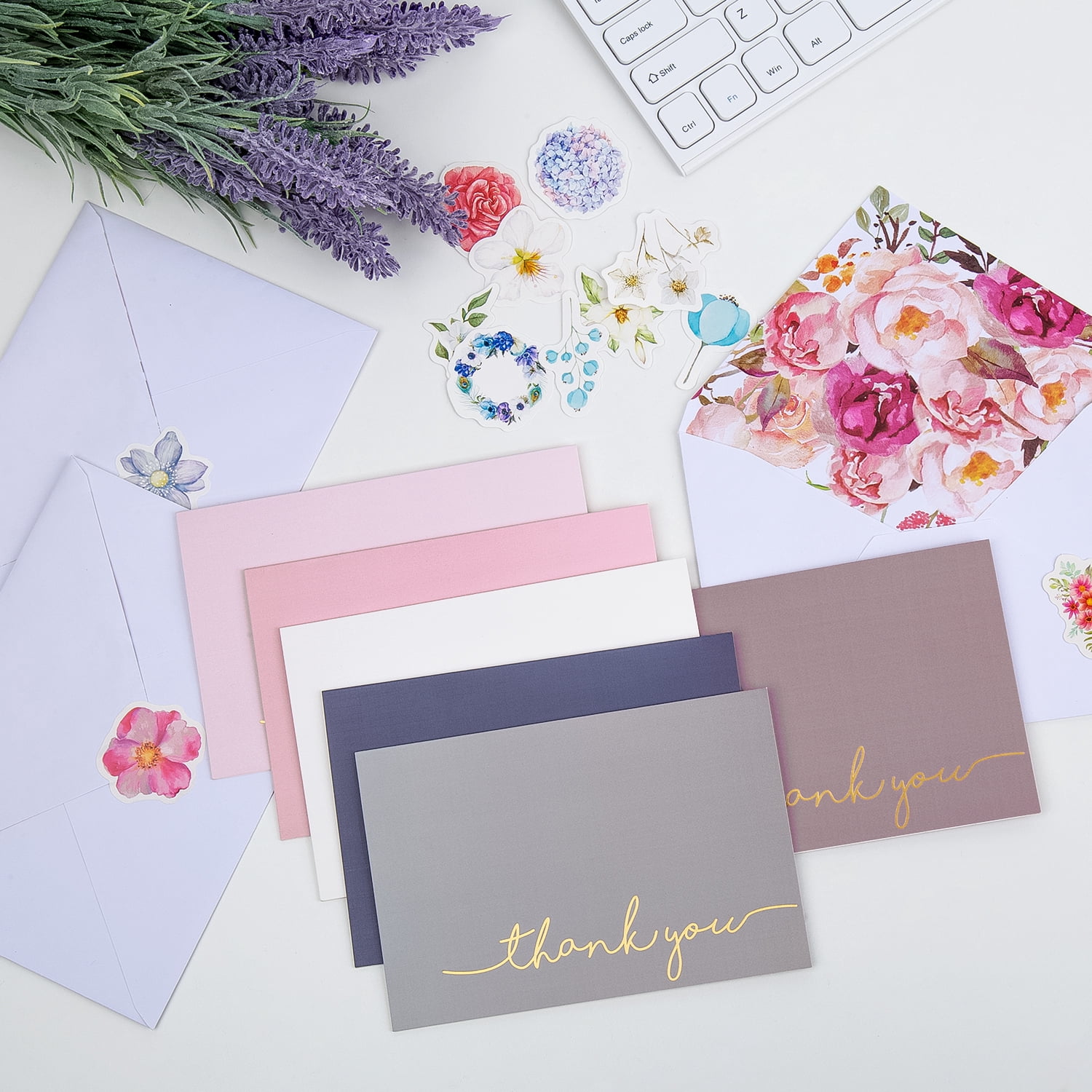 Thank You Cards-24 Bulk Blank Gold Foil Sets(6 Colors) Blank Greeting Cards with Elegant Floral Envelopes &Stickers for Wedding, Baby Shower, Bridal Shower, Business, Anniversary, Funeral -4" x 6"