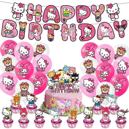 Pink Cat Party Supplies, Kawaii Birthday Decorations Set-Happy Birthday Banner, Cake Cupcake Toppers, Latex Balloons