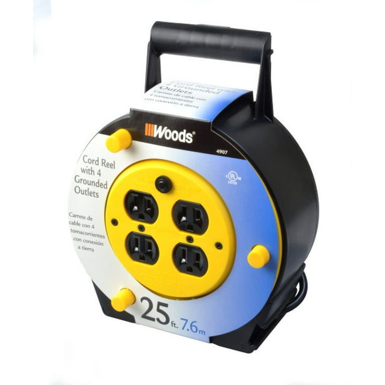 Woods 4907 16/3 25' Black/Yellow SJTW Extension Cord Reel with 4-Outlets Woods 4907 16/3 25' Black/Yellow SJTW Extension Cord Reel with 4-Outlets