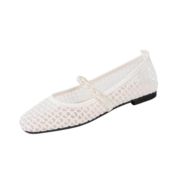 Hurxie Woven Mesh Ballet Flats for Women with Metal Buckle Strap Ballerina Flat Shoes Comfortable Round Toe Mary Jane Flat White 6.5