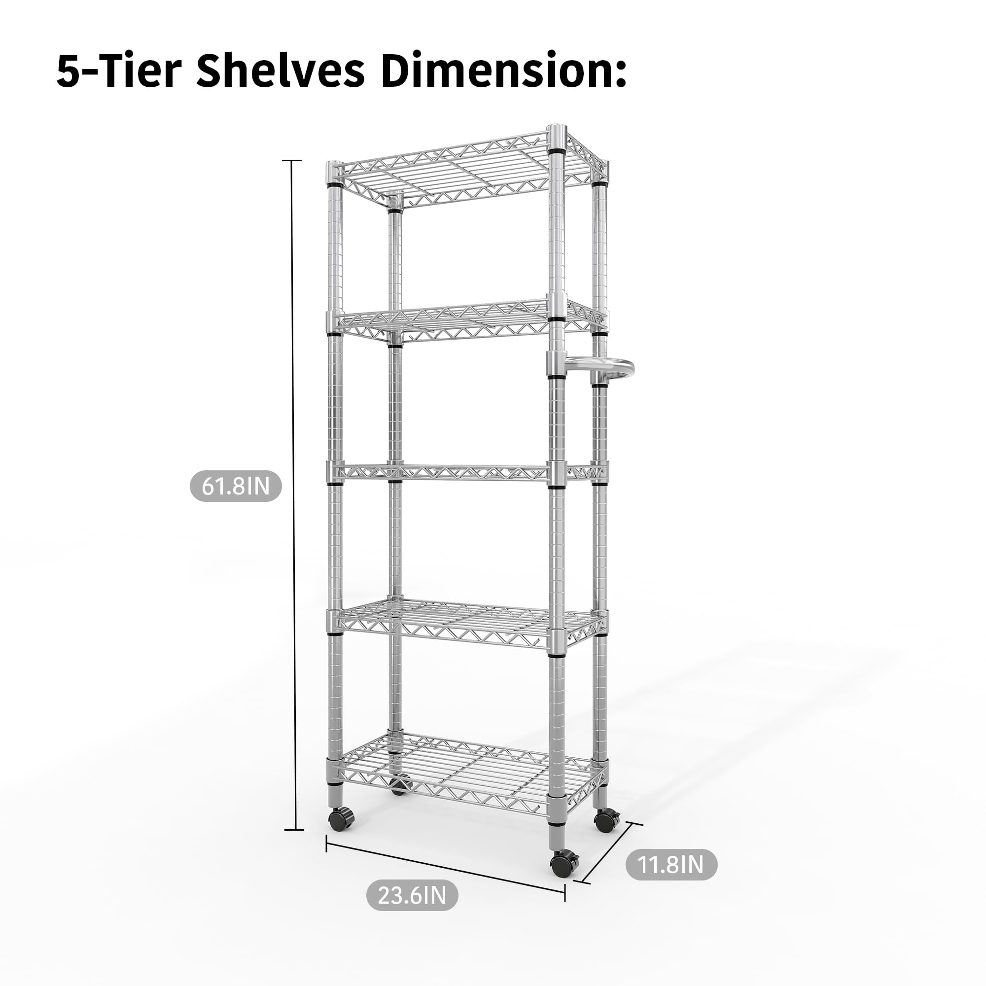 Gaderth 5-Tier Adjustable Wire Mesh Rack, 61-Inch Metal Storage Rack with Wheels, 24-Inch Wide Heavy-Duty Rolling Shelving Unit for Kitchens and Home Garages