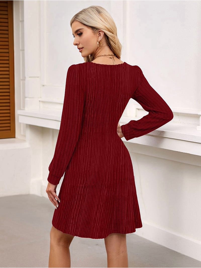 Womens Square Neck Long Sleeve Fall Dresses Casual Babydoll Sweater Dress  Wine Red L - Walmart.com