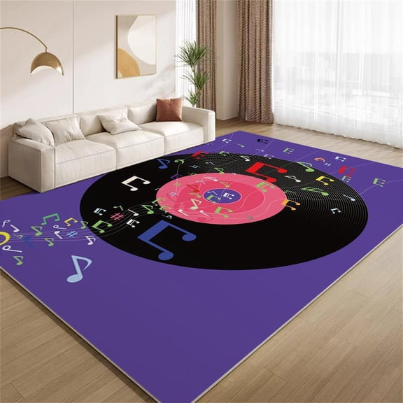 Vinyl Records Area Rugs Colorful Musical Notes Purple Rugs Non Slip Non Shedding Print Washable Floor Carpet for Living Room Bedroom Office Study Foyer Hallway 2ftx3ft