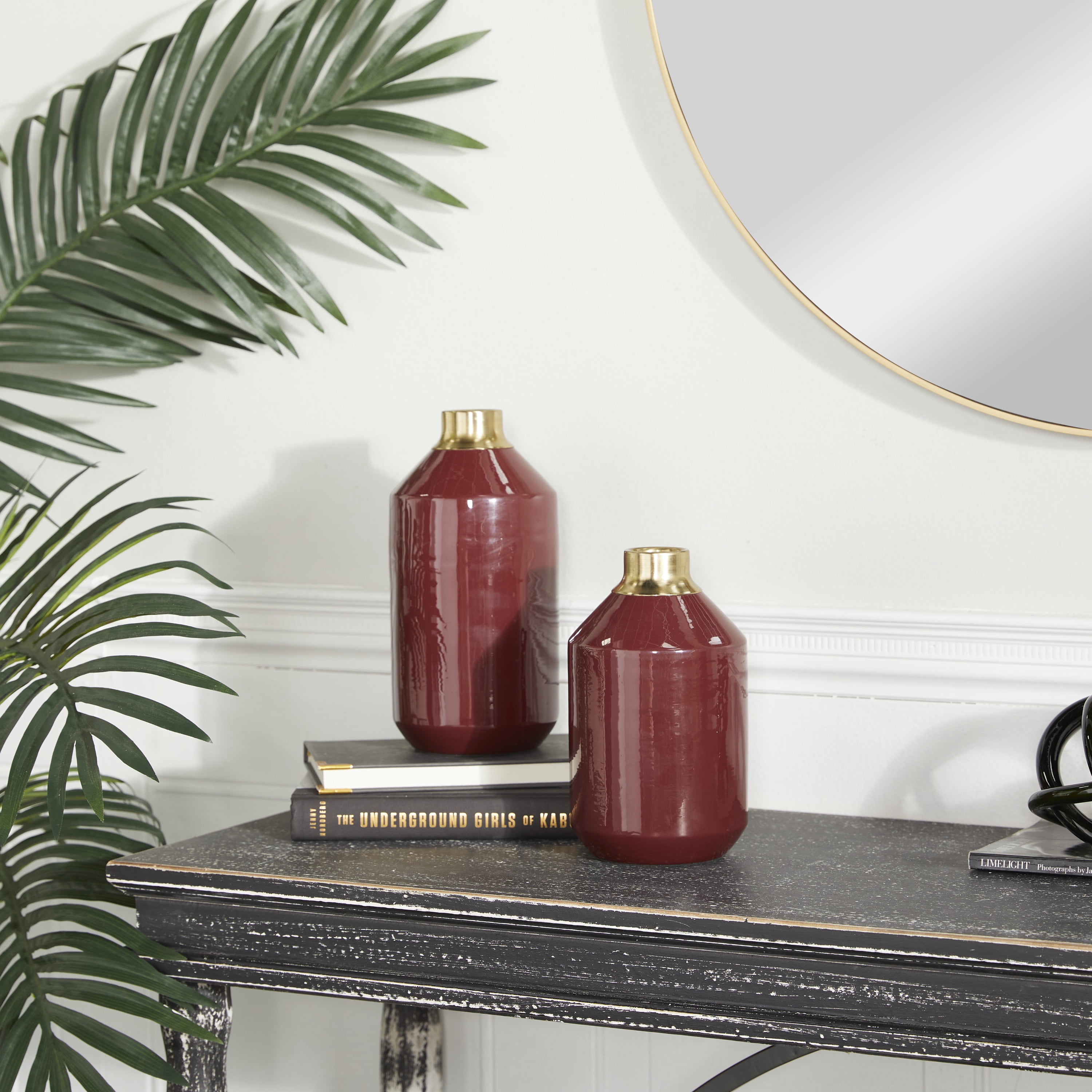 The Novogratz 10", 8"H Red Metal Vase with Gold Rims, Set of 2