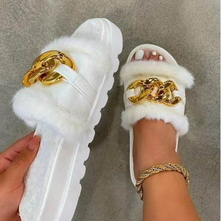 

Furry Slides Gold Chain Plush Slippers Flip Flops Faux Platform Cozy Slip on Flats Women Shoes Home (WHITE 38)