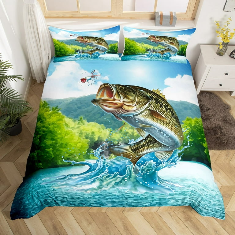Big Pike Fish Duvet Cover With 2 Pillowcases,Striped Bass Big Fish Eat  Small Fish Pattern Fishing Bedding Set.