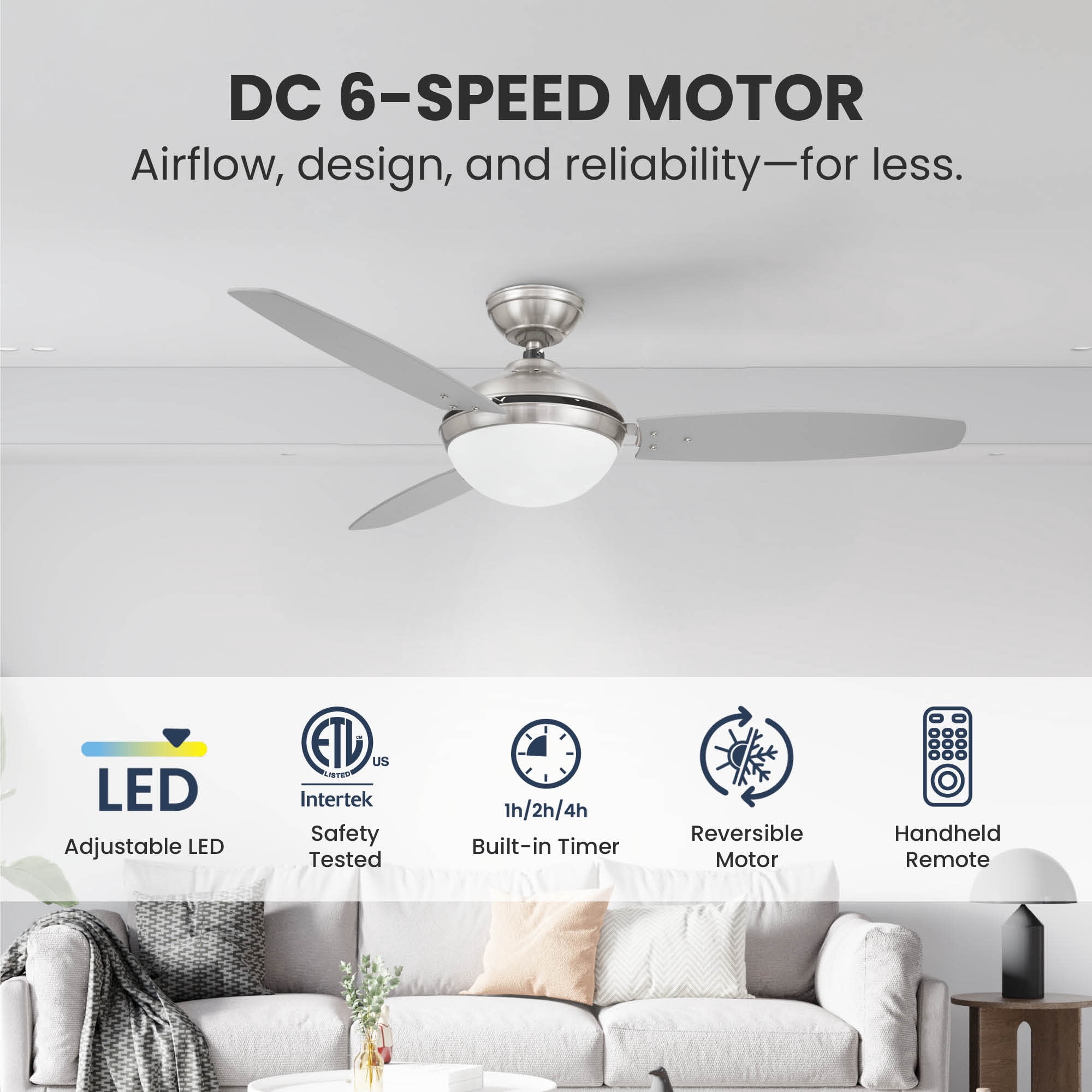 Brushed Nickel 52 Inch 3 Blade Indoor Ceiling Fan, Ideal for Bedrooms and Living Rooms, Quiet DC Motor, LED Light with Remote, Eleve Comfort