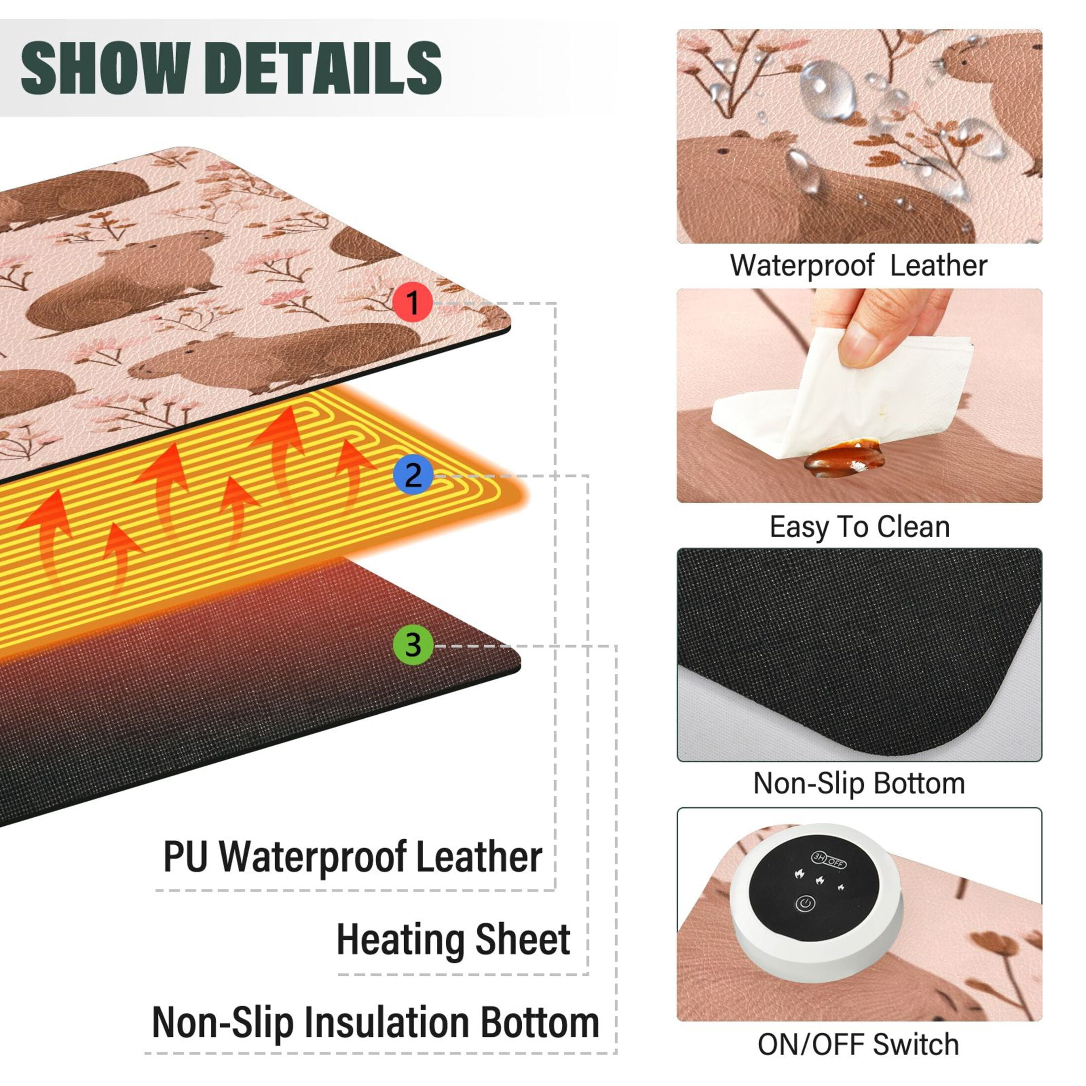 Large Heated Desk Mat Mouse Pad 31.5"x13"PU Leather Graphene Heating Desk Warmer with 3 Temperature Settings 110V US Plug Non-Slip Warm Pad for Home, Office, and Gaming Cute Brown Capybara Pattern