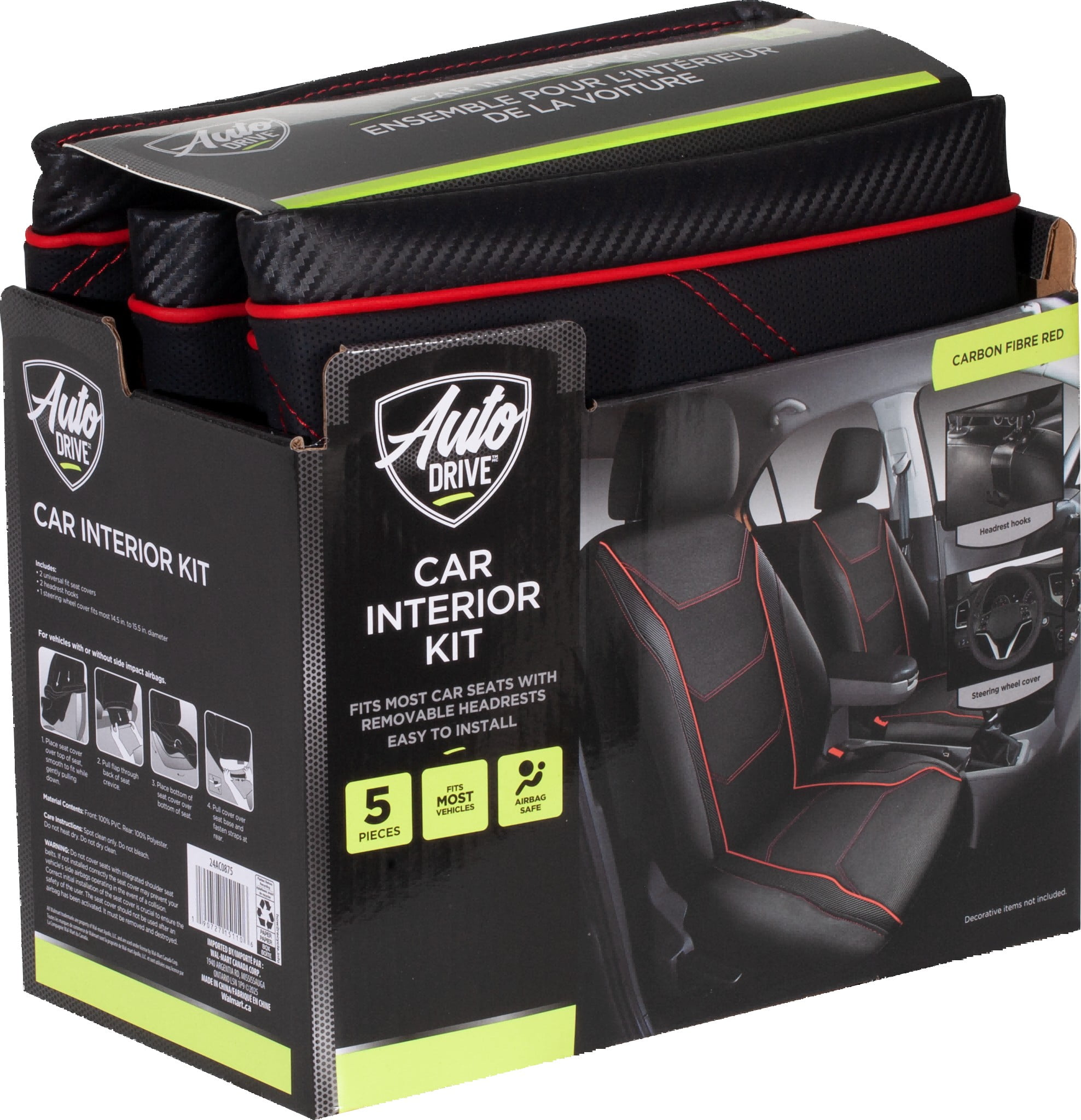 Kit 5 Pièces Housses Auto Drive – Carbone Noir, Passepoil Rouge