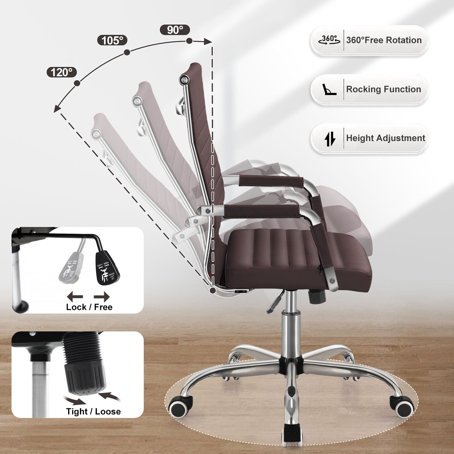 Lacoo Mid-Back Faux Leather Office Desk Chair Executive Conference Task Chair with Arms, Brown