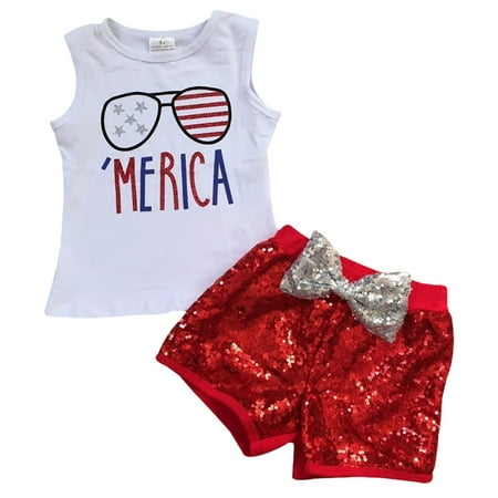 Toddler Girls 2 Pieces Tank Top Short Set Merica Sequin Patriotic Kids Outfit White 2T XS (P501347P)