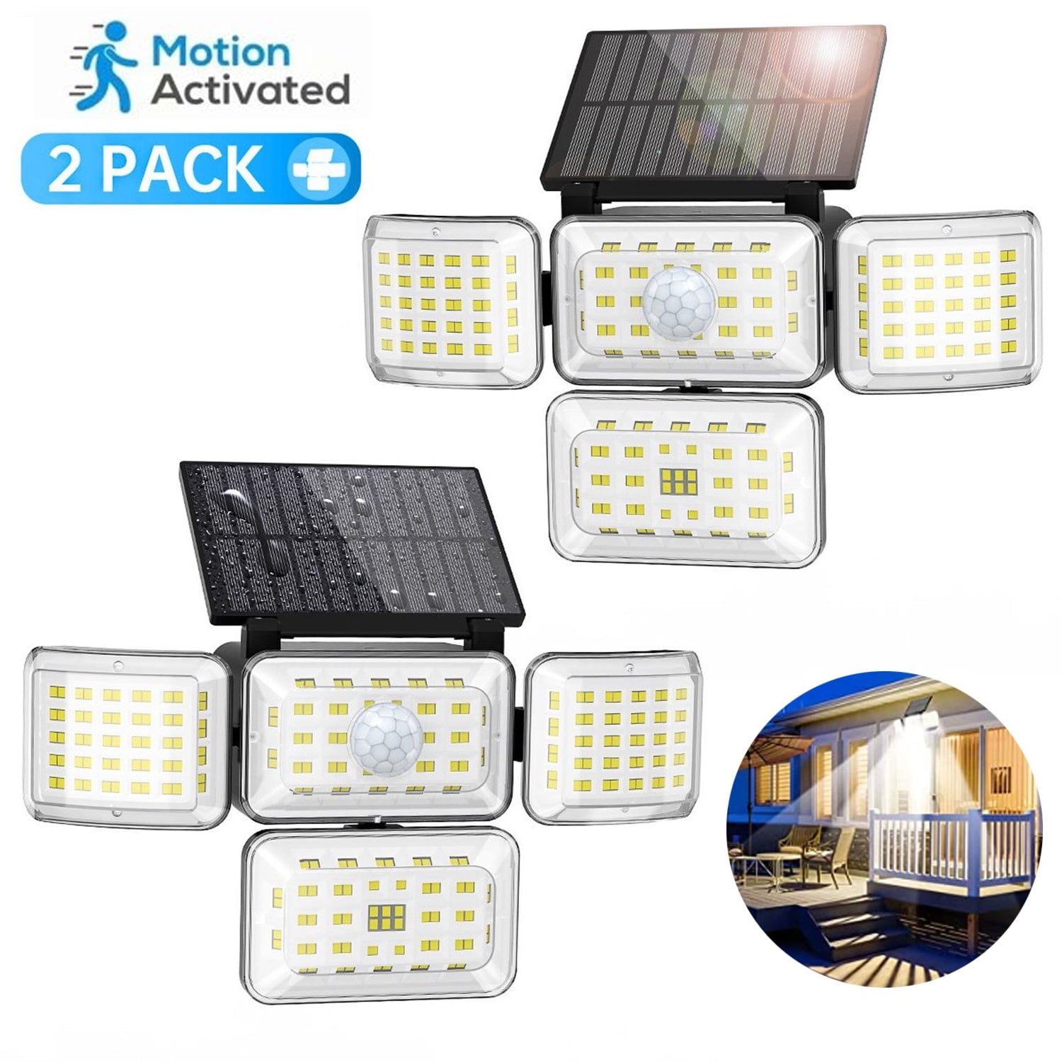 Solar Flood Light Outdoor Spotlights with Motion Sensor, 288 LED Waterproof Security Wall Lights 4 Heads Wireless Solar Lights with 3 Lighting Modes for Front Door, Backyard, Garden, Patio - 2 Pack
