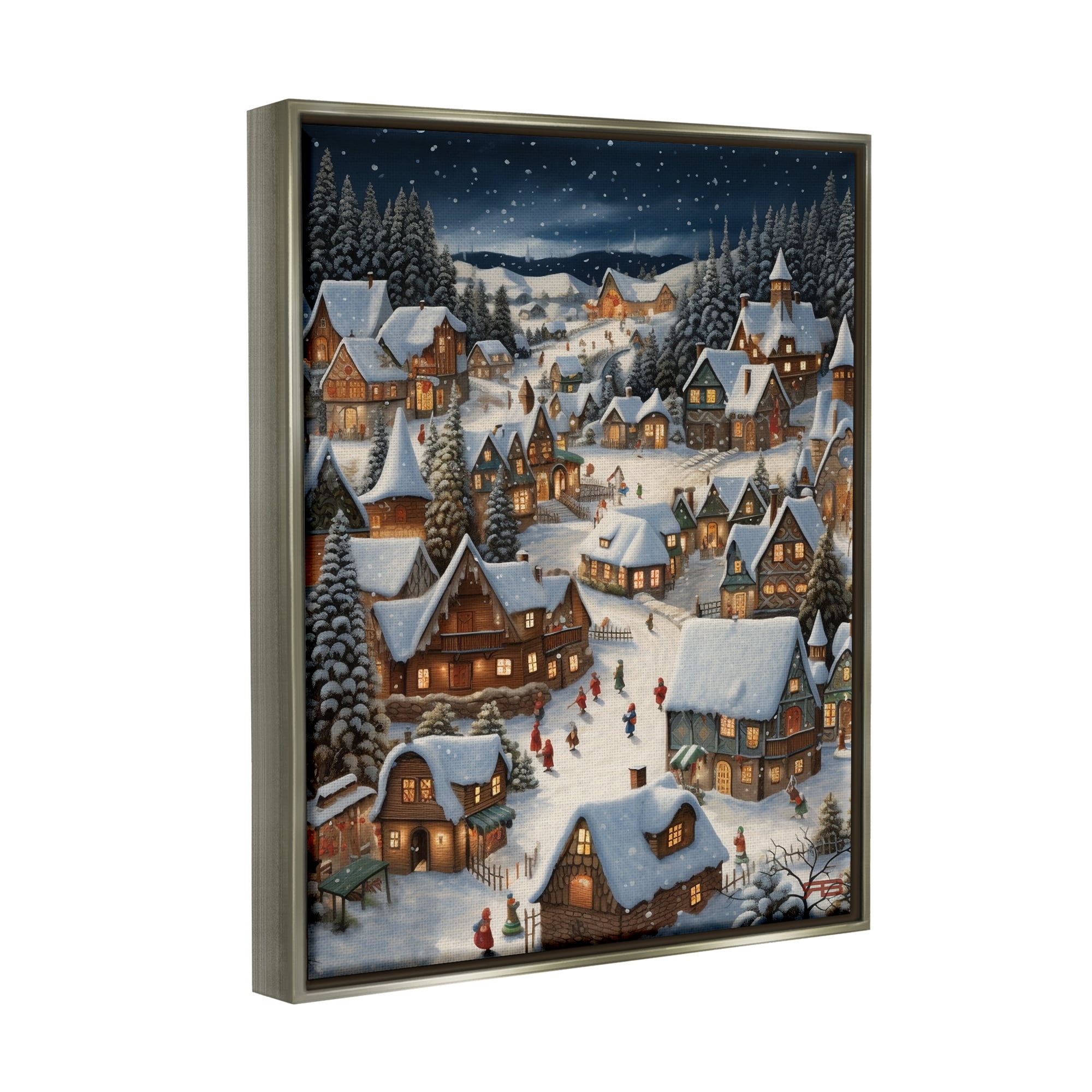 Stupell Industries Snowy Christmas Village Holiday Painting Gray Floater Framed Canvas Art Print Wall Art, 25 x 31