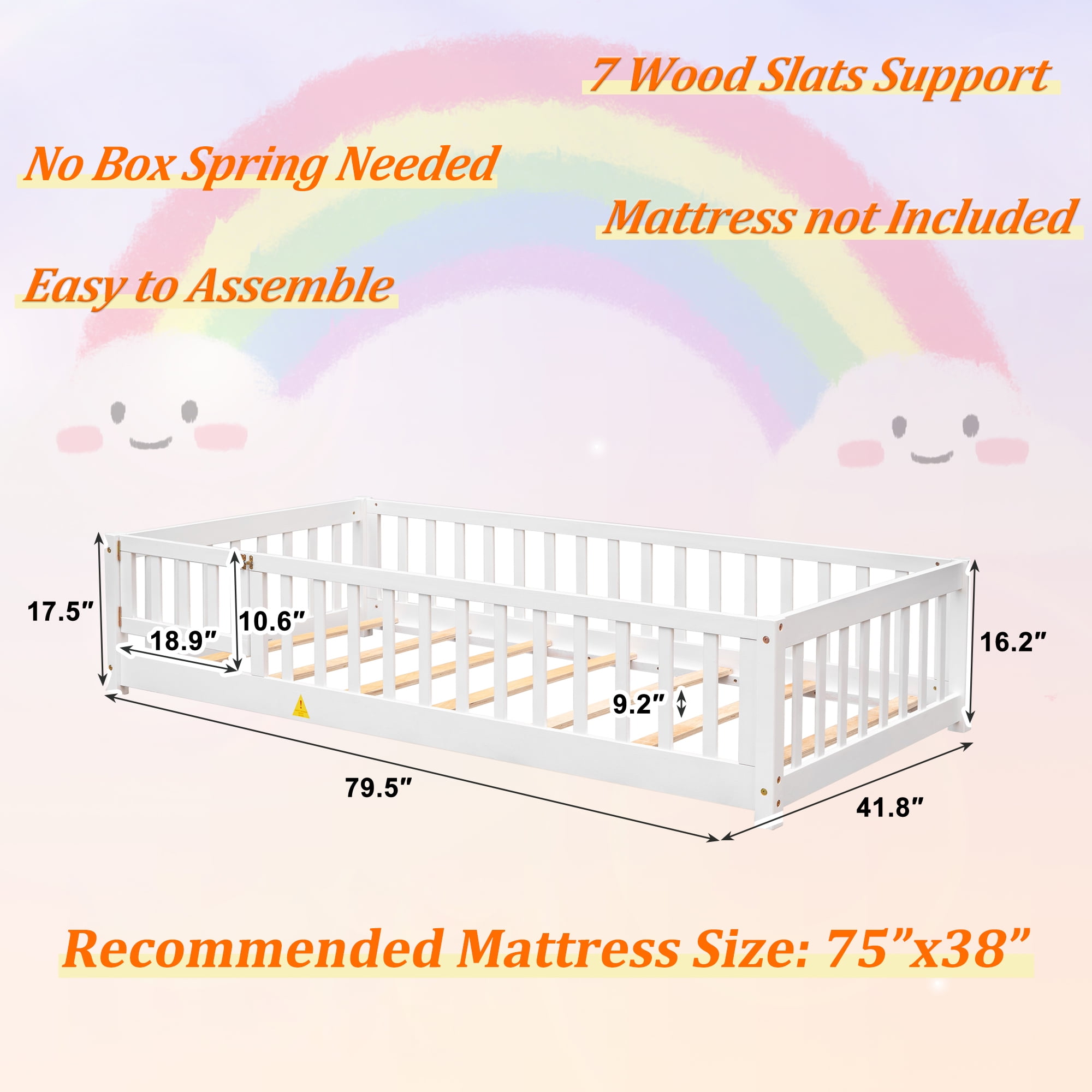 UHOMEPRO Twin Size Floor Bed with Fence and Door for Kids, Low Profile Montessori Toddler Bed for Crib Transition, Solid Wood, Slats Supports, Easy Assembly, No Box Spring Needed, White