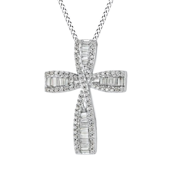 AFFY Baguette & Round Cut White Diamond Cross Pendant Necklace In 10K Solid White Gold (0.5 Ct)By