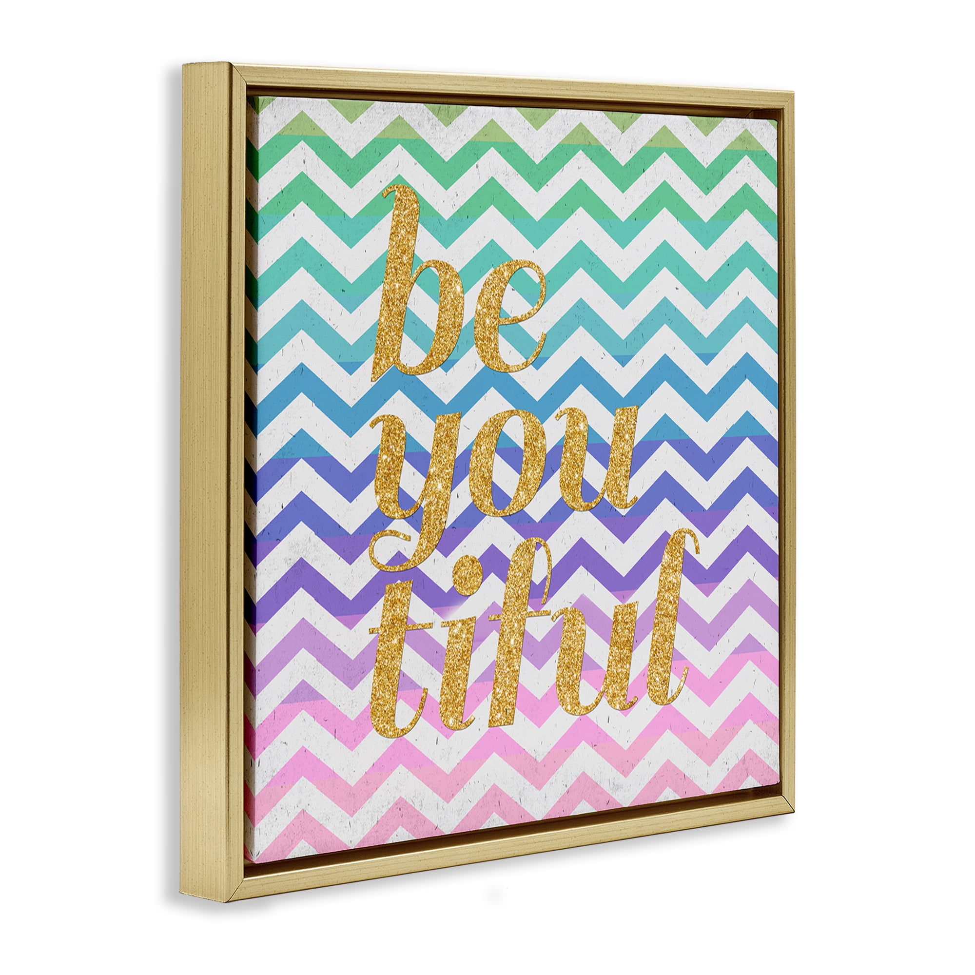 Stupell Industries Chevron Beautiful Phrase Text & Numbers Painting Gold Floater Framed Canvas Art Print Wall Art, 18 x 18