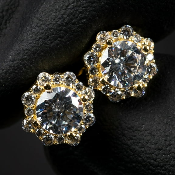 Brilliant Small 925 Sterling Silver 14K Yellow Gold Plated Flower Cluster Round Halo Unisex Iced Cz Hip Hop Hypoallergenic Men's Women's Circle Screw Back Cubic Zirconia Stud Earrings