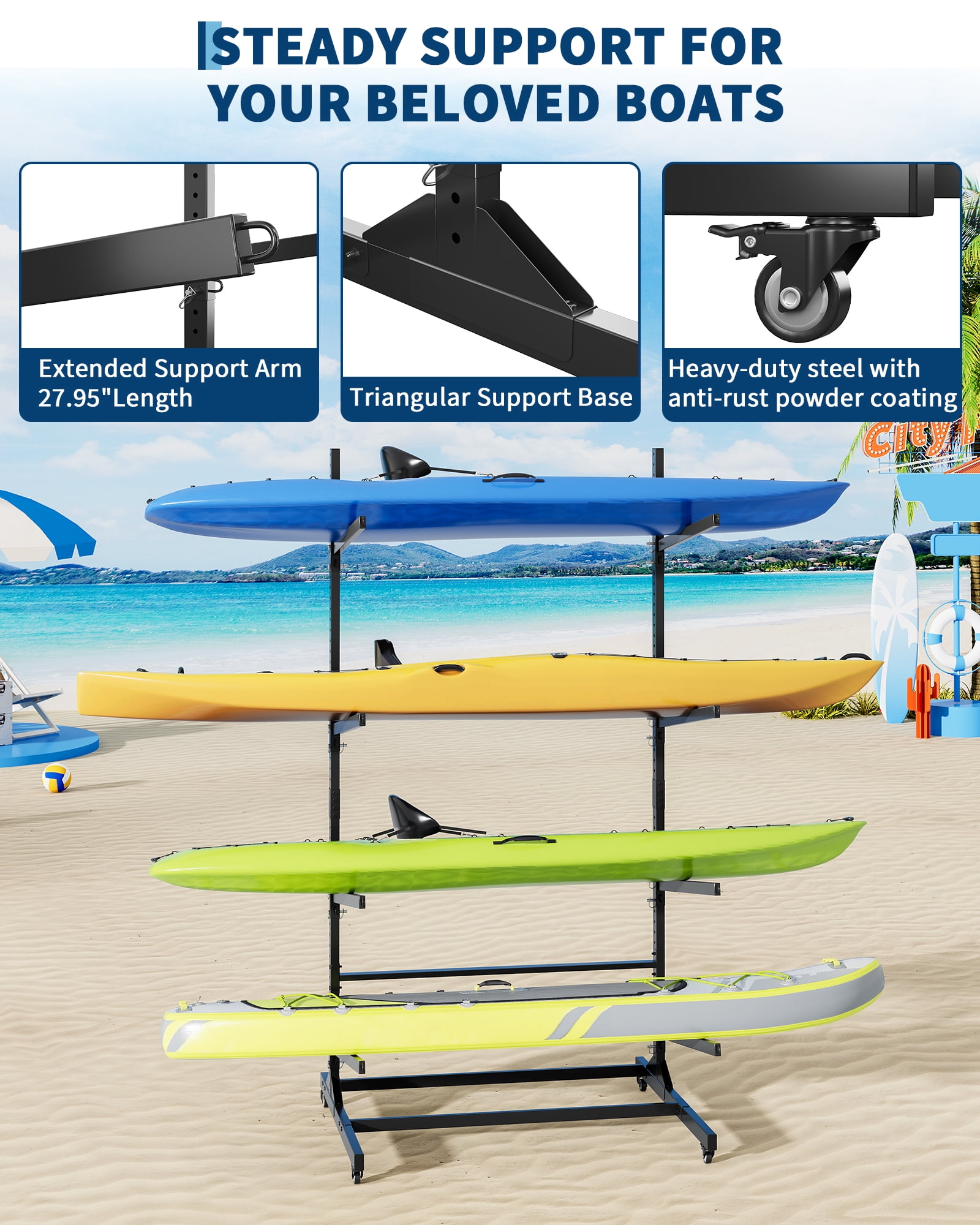 Mescukay Freestanding Kayak Storage Rack for 4 Kayaks, Outdoor Kayak Storage Racks with Wheels, Kayak Stand Heavy Duty Storage for Canoe, SUP and Surfboard
