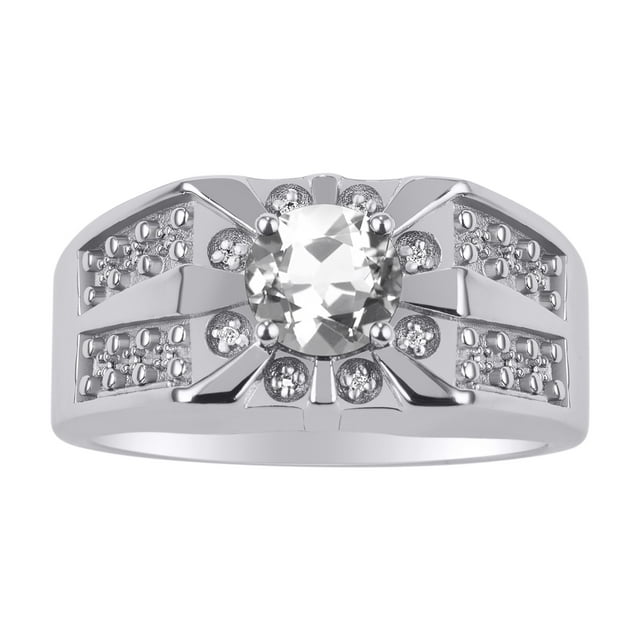 RYLOS Men's Rings Sterling Silver Designer Starburst 7MM Round Gemstone & Diamond Ring White Topaz April Birthstone Size 8