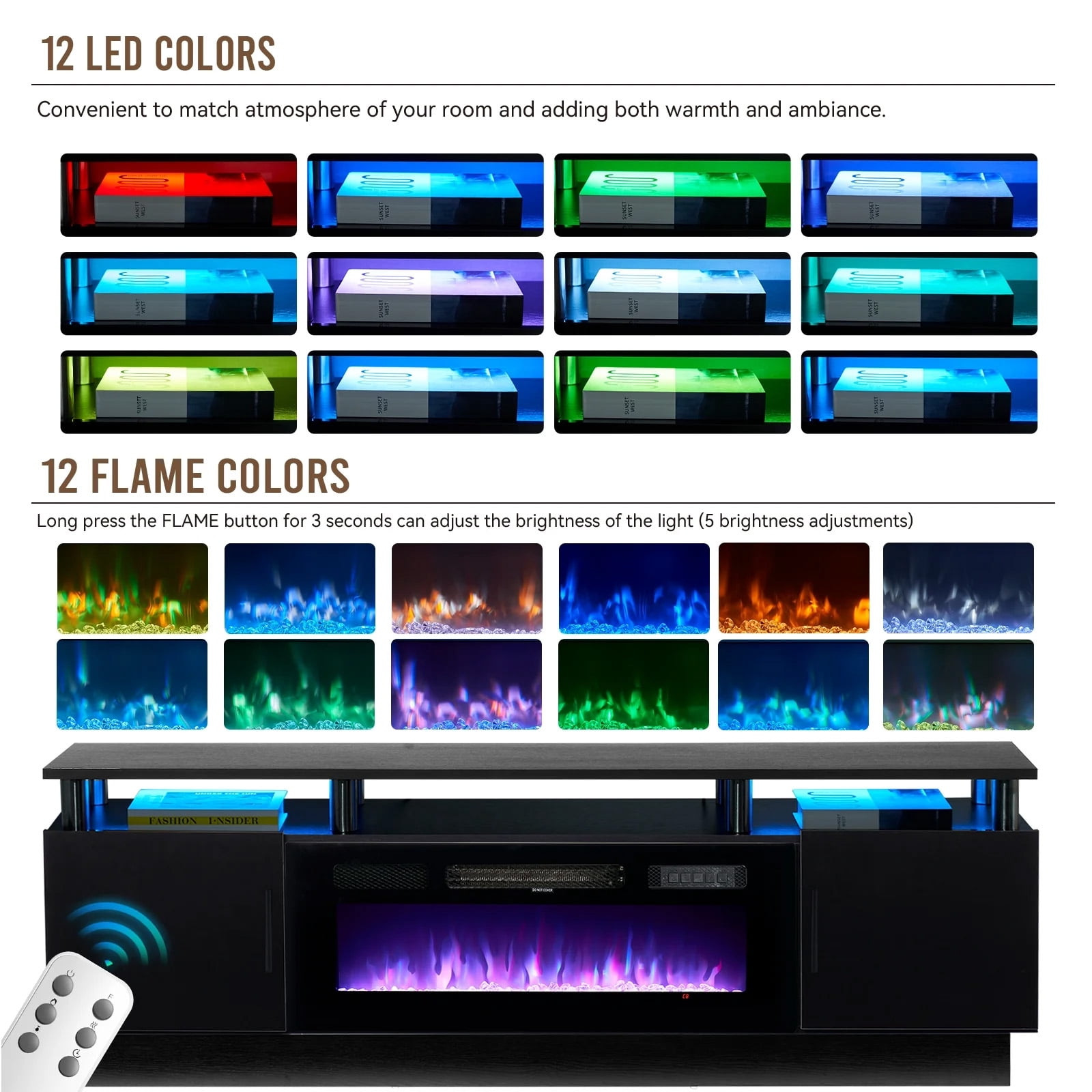 Easoger Fireplace TV Stand, Entertainment Center for TVs up to 80", 70” TV Stand with 36'' Electric Fireplace, LED Lights Entertainment Center, TV Console, Black