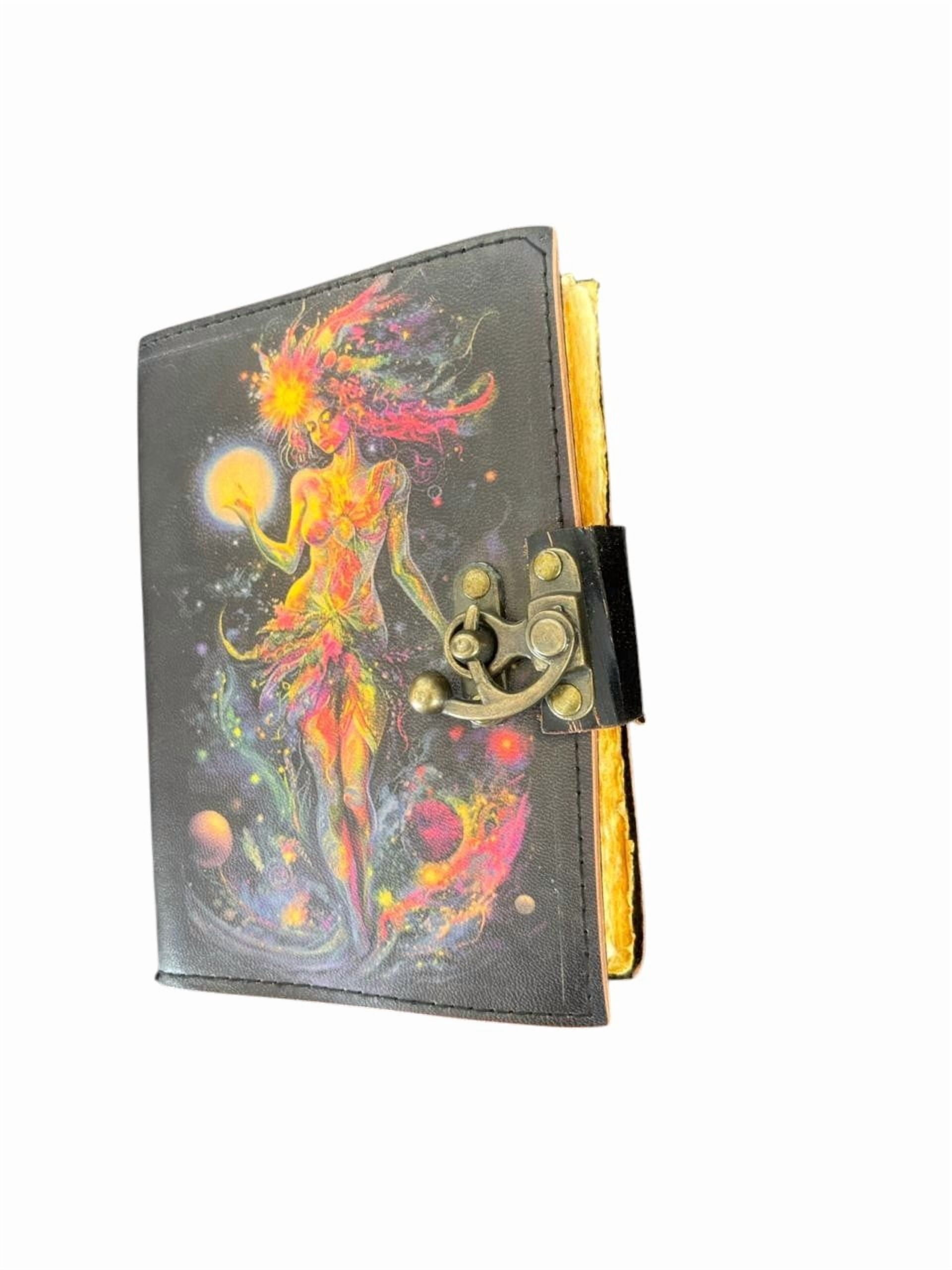 Handmade Leather Journal 5x7 Inch – Artistic Cosmic Design Cover, Deckle Edge Paper Notebook, Vintage Lock Diary, 200 Pages