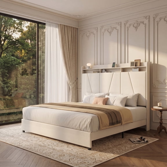 Sailvan Queen Size 52" Velvet Upholstered Bed Frame with Tall Headboard & Storage, Noise Free, No Box Spring Needed, Beige