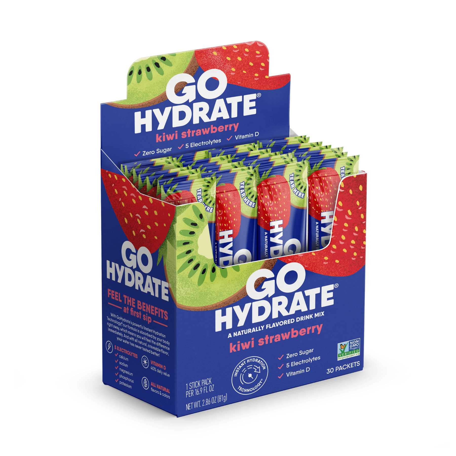 Electrolyte Hydration Drink Mix with Vitamin D, Non GMO Electrolyte Powder Hydration Pack, Kiwi Strawberry, 30 Hydration Powder Packets - GoHydrate